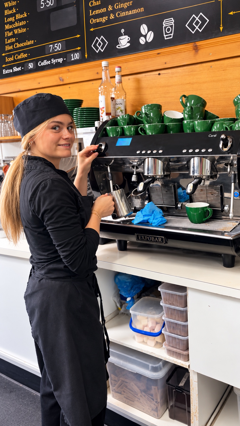 Lou Szamveber devant une machine à café
